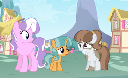 Size: 1809x1107 | Tagged: safe, artist:melodymoonlight15, diamond tiara, oc, oc:chocolate vanilla, oc:lola gold, earth pony, pony, unicorn, g4, grin, nervous, nervous smile, offspring, older, older diamond tiara, parent:diamond tiara, parent:pipsqueak, parent:silver spoon, parent:snails, ponytail, smiling