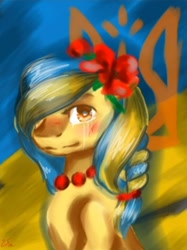 Size: 716x956 | Tagged: safe, artist:vacaquaq, oc, oc only, oc:ukraine, earth pony, pony, bruised, bust, crying, current events, flag, flower, flower in hair, nation ponies, portrait, sad, solo, teary eyes, trident, tryzub, ukraine