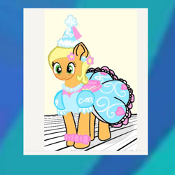 Size: 640x640 | Tagged: safe, artist:darlycatmake, applejack, look before you sleep, bow, clothes, cute, dress, dressup, ear piercing, flower, flower in hair, froufrou glittery lacy outfit, hennin, jackabetes, piercing, princess, princess applejack