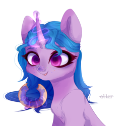 Size: 1024x1024 | Tagged: safe, artist:etter, izzy moonbow, pony, unicorn, g5, my little pony: a new generation, bust, chest fluff, donut, food, horn, magic, portrait, simple background, solo, white background