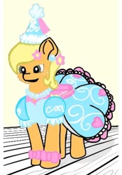 Size: 711x1024 | Tagged: safe, artist:darlycatmake, edit, edited screencap, screencap, applejack, earth pony, pony, look before you sleep, applejack also dresses in style, bow, clothes, colored, cute, dress, dressup, ear piercing, flower, flower in hair, froufrou glittery lacy outfit, hennin, jackabetes, piercing, princess, princess applejack, wide eyes