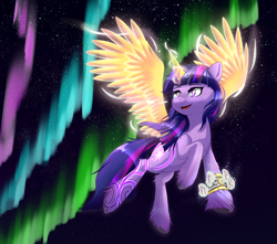 Size: 3400x3000 | Tagged: safe, artist:nihithebrony, twilight sparkle, alicorn, earth pony, pony, g4, g5, aurora borealis, bracer, celtic, colored wings, complex background, earth pony twilight, female, flying, g4 to g5, g5 concept leaks, glowing, glowing horn, glowing wings, happy, high res, horn, magic, mare, norse mythology, outdoors, race swap, runes, smiling, solo, stars, twilight sparkle (alicorn), viking, wings