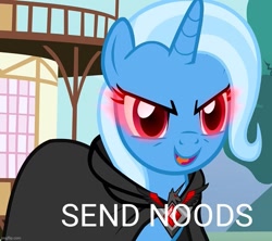 Size: 811x720 | Tagged: safe, edit, edited screencap, screencap, trixie, pony, unicorn, g4, alicorn amulet, clothes, corrupted, evil trixie, food, glowing, glowing eyes, image macro, implied noodles, meme, noodles, red eyes, robe, send nudes, trixie yells at everything