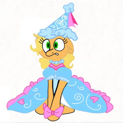 Size: 675x675 | Tagged: safe, artist:darlycatmake, applejack, earth pony, pony, g4, look before you sleep, beautiful, beautiful eyes, beautiful hair, blonde, bow, clothes, colored, dress, dressup, embarrassed, froufrou glittery lacy outfit, hennin, jewelry, necklace, princess, princess applejack, upset, why, wide eyes, worried