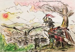 Size: 2028x1409 | Tagged: safe, artist:china consists of them!, kirin, ancient, china, military, pink, scenery, soldier, solo, sunshine, sword, tang dynasty, town, traditional art, tree, weapon