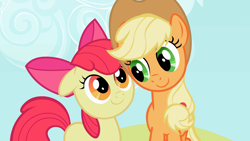Size: 1920x1080 | Tagged: safe, screencap, apple bloom, applejack, earth pony, pony, g4, season 2, sisterhooves social, adorabloom, apple sisters, cute, duo, duo female, female, filly, foal, jackabetes, looking at each other, looking at someone, mare, siblings, sisters