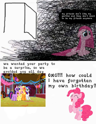 Size: 828x1074 | Tagged: safe, edit, editor:lemno'tea, screencap, applejack, fluttershy, pinkie pie, rarity, twilight sparkle, earth pony, pegasus, pony, unicorn, g4, my little pony: friendship is magic, party of one, season 1, female, happy, mare, meme, pinkamena diane pie, sad, simple background, text, white background