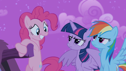 Size: 1920x1080 | Tagged: safe, screencap, pinkie pie, rainbow dash, twilight sparkle, alicorn, earth pony, pegasus, pony, filli vanilli, g4, season 4, 1080p, female, flying, hanging, mare, rainbow dash is not amused, seriously, trio, trio female, twilight sparkle (alicorn), twilight sparkle is not amused, unamused