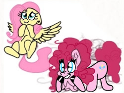 Size: 685x514 | Tagged: safe, artist:darlycatmake, fluttershy, pinkie pie, earth pony, pegasus, pony, g4, beautiful eyes, colored, flying, happy, looking at you, redraw, simple background, smiling, smiling at you, white background