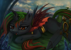 Size: 1000x700 | Tagged: safe, artist:genbulein, oc, oc only, oc:queen mira, changeling, changeling queen, detailed background, double colored changeling, female, horn, solo, tongue out, wings