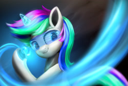 Size: 3100x2100 | Tagged: safe, artist:cxynbl, oc, oc only, pony, unicorn, glowing, glowing horn, high res, horn, multicolored mane, smiling, solo, underhoof, unicorn oc