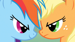 Size: 1920x1080 | Tagged: safe, screencap, applejack, rainbow dash, earth pony, pegasus, pony, fall weather friends, g4, season 1, 1080p, close-up, duo, duo female, face to face, female, mare, narrowed eyes, this will end in race
