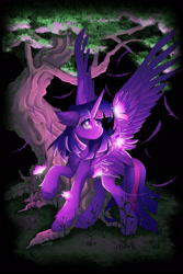 Size: 1280x1921 | Tagged: safe, artist:natanvok, twilight sparkle, alicorn, butterfly, pony, g4, chest fluff, ear fluff, feather, raised hoof, solo, spread wings, standing, tree, twilight sparkle (alicorn), wings
