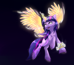 Size: 3400x3000 | Tagged: safe, alternate version, artist:nihithebrony, twilight sparkle, alicorn, earth pony, pony, g5, bracer, celtic, colored background, colored horn, colored wings, dark, dark background, earth pony twilight, female, flying, g4 to g5, g5 concept leaks, glowing, horn, horns, looking up, magic, mare, norse mythology, race swap, runes, simple background, smiling, solo, spread wings, twilight sparkle (alicorn), viking, wings