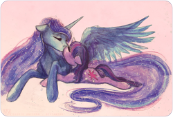 Size: 1000x681 | Tagged: safe, artist:cosmicunicorn, princess luna, twilight sparkle, alicorn, pony, unicorn, g4, butt, cuddling, cute, duo, ears back, ethereal hair, ethereal mane, ethereal tail, eyes closed, female, floppy ears, kiss on the lips, kissing, lesbian, lunabetes, lying down, mare, missing accessory, painting, pink background, plot, prone, ship:twiluna, shipping, simple background, sparkly mane, sparkly tail, spread wings, starry mane, starry tail, tail, traditional art, turned head, twiabetes, unicorn twilight, wing fluff, wings