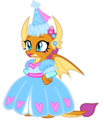 Size: 673x781 | Tagged: safe, artist:darlycatmake, smolder, dragon, g4, look before you sleep, beautiful, beautiful eyes, clothes, dragon tail, dragon wings, dragoness, dress, dressup, ear piercing, female, flower, flower in hair, froufrou glittery lacy outfit, happy, hennin, lips, lipstick, looking at someone, looking at something, makeup, piercing, princess, princess smolder, proud, puffy sleeves, simple background, smiling, solo, tail, transparent background, wide eyes, wings