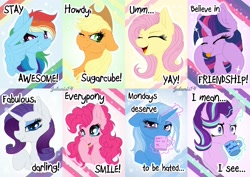 Size: 5120x3620 | Tagged: safe, artist:julunis14, applejack, fluttershy, pinkie pie, rainbow dash, rarity, starlight glimmer, trixie, twilight sparkle, alicorn, earth pony, pegasus, pony, unicorn, g4, :i, :p, chest fluff, ear fluff, floppy ears, i mean i see, mane six, open mouth, tongue out, wing hands, wings, yay
