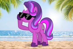 Size: 674x454 | Tagged: artist needed, source needed, safe, oc, oc only, oc:agent0fluffy, pony, unicorn, beach, female, full body, hoof shoes, horn, mare, multicolored mane, multicolored tail, not starlight glimmer, ocean, outdoors, palm tree, shadow, show accurate, solo, standing, sunglasses, tail, tree, unicorn oc, water