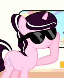 Size: 375x456 | Tagged: source needed, safe, artist:magpie-pony, oc, oc only, oc:magpie, pony, unicorn, female, frown, horn, mare, show accurate, solo, sunglasses, two toned mane, unicorn oc