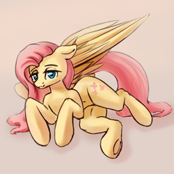 Size: 1000x1000 | Tagged: safe, artist:falses, fluttershy, pegasus, pony, g4, blushing, cute, digital art, eyebrows, eyes open, female, floppy ears, frog (hoof), gradient background, looking at you, lying down, mare, on side, shading, shyabetes, sketch, solo, thighs, underhoof, wings