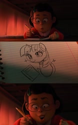 Size: 1282x2048 | Tagged: safe, artist:maren, edit, edited screencap, screencap, twilight sparkle, human, pony, g4, book, glasses, lined paper, meilin lee, open mouth, pencil, pencil drawing, sketch, traditional art, turning red, younger