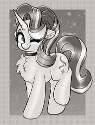 Size: 750x981 | Tagged: safe, artist:llametsul, starlight glimmer, pony, unicorn, g4, chest fluff, choker, cute, female, glimmerbetes, looking at you, mare, monochrome, one eye closed, signature, smiling, smiling at you, solo, standing, wink
