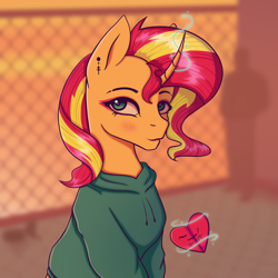 Size: 2000x2000 | Tagged: safe, artist:tanatos, sunset shimmer, pony, unicorn, g4, clothes, female, high res, hoodie, makeup, mare, simple background, solo, sunset