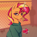 Size: 2000x2000 | Tagged: safe, artist:tanatos, sunset shimmer, pony, unicorn, clothes, female, hoodie, makeup, mare, simple background, sunset