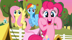 Size: 1280x720 | Tagged: safe, screencap, fluttershy, pinkie pie, rainbow dash, earth pony, pegasus, pony, g4, season 2, the super speedy cider squeezy 6000, apple, apple tree, cute, diapinkes, excited, female, fence, flying, frown, hooves, mare, open mouth, open smile, outdoors, smiling, spread wings, tent, tree, trio, trio female, wings