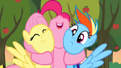 Size: 1280x720 | Tagged: safe, screencap, fluttershy, pinkie pie, rainbow dash, earth pony, pegasus, pony, g4, season 2, the super speedy cider squeezy 6000, ^^, apple, apple tree, cute, diapinkes, eyes closed, female, frown, hug, mare, nose in the air, open mouth, open smile, outdoors, shyabetes, smiling, squishy cheeks, tree, trio, trio female, wings