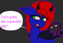 Size: 2756x1880 | Tagged: safe, artist:askhypnoswirl, oc, oc only, oc:shrapnel, demon, demon pony, pegasus, pony, succubus, demon horns, demon wings, devil tail, fangs, female, glowing, glowing eyes, horns, mare, pregnancy test, pregnant, solo, speech bubble, tail, wings