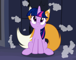 Size: 2404x1892 | Tagged: safe, artist:badumsquish, derpibooru exclusive, twilight sparkle, alicorn, fox, fox pony, hybrid, kitsune, kitsune pony, monster pony, original species, :<, castle of the royal pony sisters, confused, cursed, cute, female, fox ears, fox tail, looking up, mare, possession, show accurate, sitting, smoke, solo, species swap, tail, tail wag, transformation, twi-fox, twiabetes, twilight sparkle (alicorn)