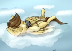 Size: 4096x2892 | Tagged: safe, artist:playful wings, oc, oc only, oc:buttercup, pegasus, pony, cloud, legs in air, lying down, on a cloud, on back, sleeping, small pony, solo, tongue out