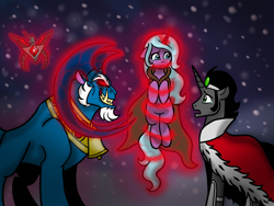 Size: 2048x1536 | Tagged: safe, artist:melspyrose, idw, grogar (g1), king sombra, radiant hope, crystal pony, pony, sheep, unicorn, g1, g4, alicorn amulet, bell, cape, clothes, concept art, crying, male, ram, red eyes, reformed sombra, smiling