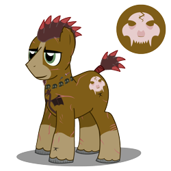 Size: 1300x1300 | Tagged: safe, artist:warren peace, oc, oc only, oc:kodiak killer, earth pony, pony, ashes town, fallout equestria, coat markings, earth pony oc, full body, hooves, male, raider, scar, scarred, shadow, simple background, skull, socks (coat markings), solo, stallion, standing, tail, tail wrap, tattoo, transparent background