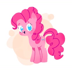 Size: 1023x1032 | Tagged: safe, artist:drunkendonut_d, pinkie pie, earth pony, pony, abstract background, cute, diapinkes, female, full body, hooves, looking at you, mare, no pupils, open mouth, open smile, simple background, smiling, solo, standing, tail, white background