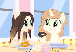 Size: 1280x880 | Tagged: safe, artist:cindystarlight, oc, oc only, oc:ashley shine diamond, oc:cindy, pony, base used, donut, eating, female, food, herbivore, mare