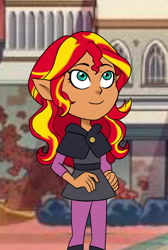 Size: 2362x3507 | Tagged: safe, artist:citrusbluebelly, sunset shimmer, humanoid, g4, abomination track, clothes, crossover, female, high res, pointed ears, school uniform, solo, style emulation, the owl house, unicorns as elves, witch