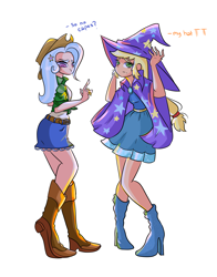 Size: 3142x4000 | Tagged: safe, alternate version, artist:wenraz, applejack, trixie, human, equestria girls, applejack's hat, belt, boots, cape, clothes, clothes swap, cowboy boots, cowboy hat, dress, duo, female, flannel, hat, high heel boots, humanized, lesbian, shipping, shirt, shoes, simple background, skirt, t-shirt, tripplejack, trixie's cape, trixie's hat, white background