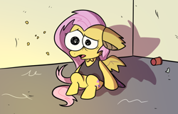 Size: 1400x900 | Tagged: safe, anonymous artist, fluttershy, pegasus, pony, g4, clothes, costume, cup, fake wings, female, flutterbat costume, looking forward, mare, open mouth, parody, pim pimling, scene parody, shocked, sitting, smiling friends, solo, style emulation