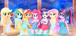Size: 1805x865 | Tagged: safe, artist:charliexe, applejack, fluttershy, pinkie pie, rainbow dash, rarity, sci-twi, sunset shimmer, twilight sparkle, equestria girls, adorasexy, applebutt, ass, bare shoulders, breasts, butt, cleavage, cute, dashabetes, diapinkes, female, glasses, grin, hot springs, humane five, humane seven, humane six, jackabetes, looking at you, naked towel, onsen, open mouth, ponytail, raribetes, sci-twibutt, sexy, shimmerbetes, shyabetes, sitting, smiling, steam, towel, twiabetes, twibutt, water, wet