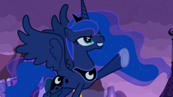 Size: 1920x1080 | Tagged: safe, screencap, princess luna, alicorn, pony, g4, luna eclipsed, diabolical, female, mare, raised hoof, smiling, solo