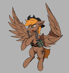 Size: 2496x2610 | Tagged: safe, artist:reddthebat, oc, oc only, oc:calamity, pegasus, pony, fallout equestria, battle saddle, chest fluff, cowboy hat, ear fluff, eyebrows, eyebrows visible through hair, flying, frown, gray background, gun, hat, high res, male, open mouth, pegasus oc, simple background, solo, stallion, weapon