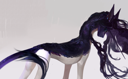Size: 4000x2500 | Tagged: safe, artist:yanisfucker, oc, oc only, classical unicorn, pony, unicorn, cloven hooves, ear piercing, earring, feather, horn, jewelry, leonine tail, looking down, piercing, simple background, two toned coat, unshorn fetlocks