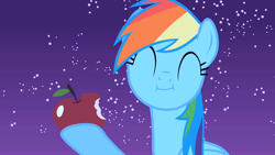 Size: 1280x720 | Tagged: safe, screencap, rainbow dash, pegasus, pony, g4, owl's well that ends well, season 1, ^^, apple, cute, dashabetes, eating, eyes closed, food, herbivore, solo, stars