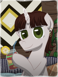 Size: 3600x4800 | Tagged: safe, artist:template93, oc, oc only, pony, unicorn, colored pupils, commission, couch, drink, ear piercing, earring, eyelashes, fruit, glowing, glowing horn, hoof hold, horn, jewelry, looking at you, magic, male, piercing, pillow, plant, poster, smiling, smiling at you, solo, stallion, straw