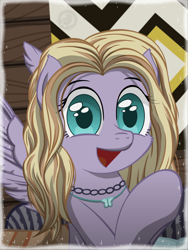 Size: 3600x4800 | Tagged: safe, artist:template93, oc, oc only, pegasus, pony, colored pupils, commission, couch, eyebrows, eyelashes, feathered wings, female, jewelry, looking at you, magic, mare, necklace, open mouth, open smile, pillow, poster, smiling, smiling at you, solo, spread wings, wings