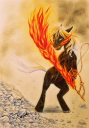 Size: 2596x3704 | Tagged: safe, artist:cahandariella, oc, oc only, earth pony, pony, colored pencil drawing, fanfic art, fantasy class, fire, high res, male, scar, solo, stallion, sword, traditional art, warrior, weapon