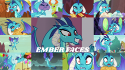 Size: 1280x721 | Tagged: safe, edit, edited screencap, editor:quoterific, screencap, garble, prince rutherford, princess ember, thorax, changedling, changeling, dragon, yak, g4, gauntlet of fire, school daze, season 6, season 7, season 8, season 9, sweet and smoky, triple threat, angry, close-up, dragon lord ember, dragoness, ember is not amused, female, flying, king thorax, male, stop talking, unamused