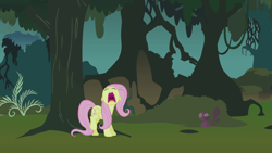 Size: 1920x1080 | Tagged: safe, screencap, fluttershy, pegasus, pony, g4, season 1, stare master, bush, everfree forest, faic, female, forest, frightened, mare, mawshot, nose in the air, open mouth, scared, screaming, solo, tree, uvula, volumetric mouth
